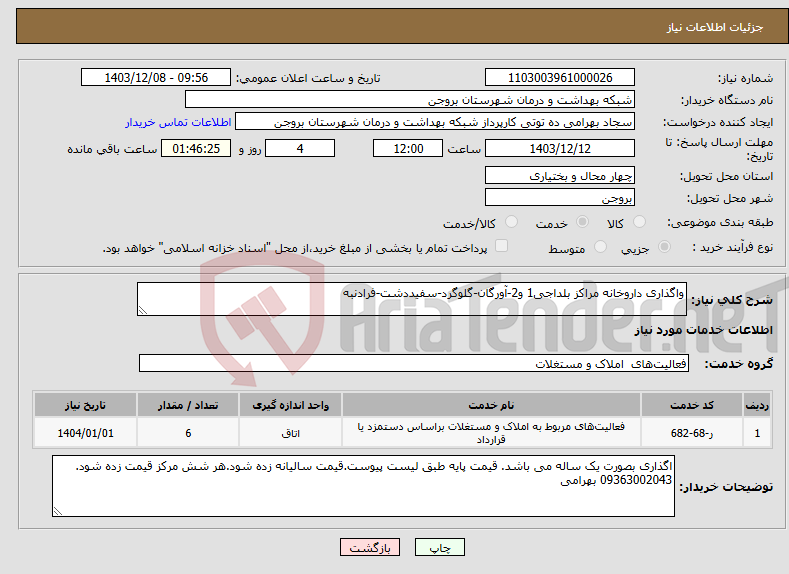 تصویر کوچک آگهی نیاز انتخاب تامین کننده-واگذاری داروخانه مراکز بلداجی1 و2-آورگان-گلوگرد-سفیددشت-فرادنبه