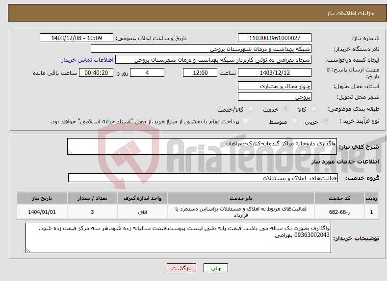 تصویر کوچک آگهی نیاز انتخاب تامین کننده-واگذاری داروخانه مراکز گندمان-کنارک-دوراهان