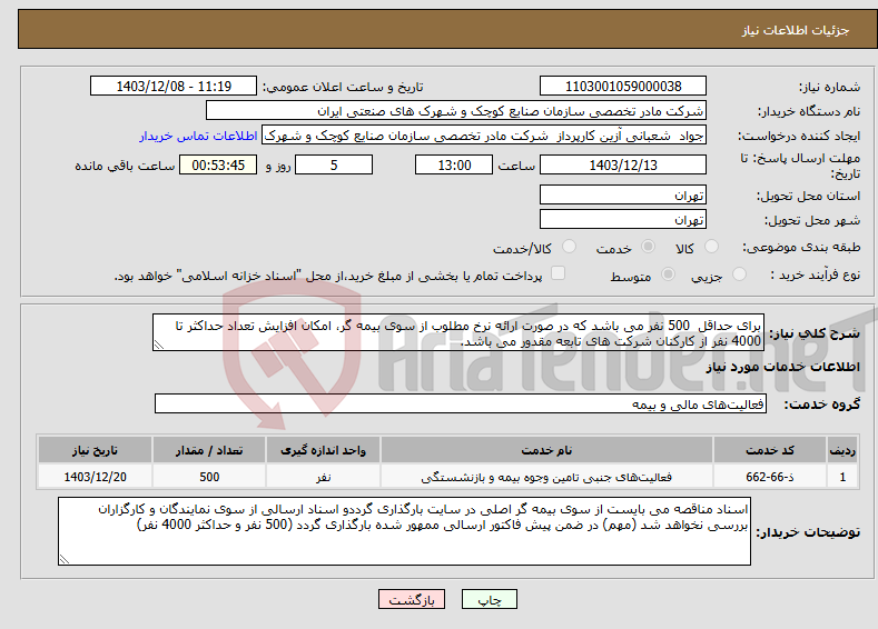 تصویر کوچک آگهی نیاز انتخاب تامین کننده-برای حداقل 500 نفر می باشد که در صورت ارائه نرخ مطلوب از سوی بیمه گر، امکان افزایش تعداد حداکثر تا 4000 نفر از کارکنان شرکت های تابعه مقدور می باشد. 