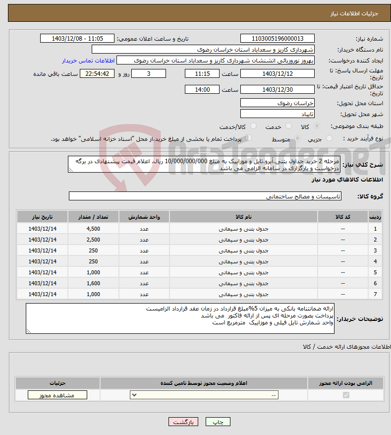 تصویر کوچک آگهی نیاز انتخاب تامین کننده-مرحله 2 خرید جداول بتنی،آبرو،تایل و موزاییک به مبلغ 10/000/000/000 ریال. اعلام قیمت پیشنهادی در برگه درخواست و بارگزاری در سامانه الزامی می باشد