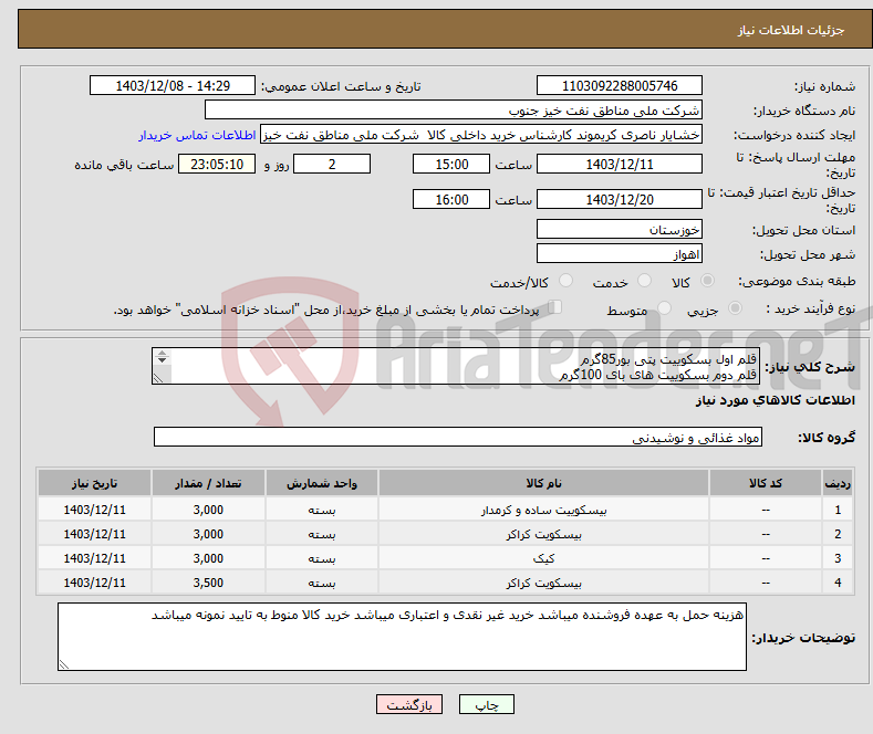تصویر کوچک آگهی نیاز انتخاب تامین کننده-قلم اول بسکوییت پتی بور85گرم قلم دوم بسکوییت های بای 100گرم قلم سوم کیک دوقلو 60 گرم شیرینی عسل قلم چهارم بشکوییت نان روغنی 50گرم