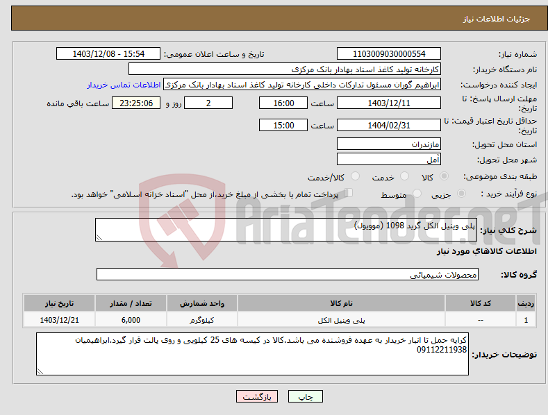 تصویر کوچک آگهی نیاز انتخاب تامین کننده-پلی وینیل الکل گرید 1098 (موویول)
