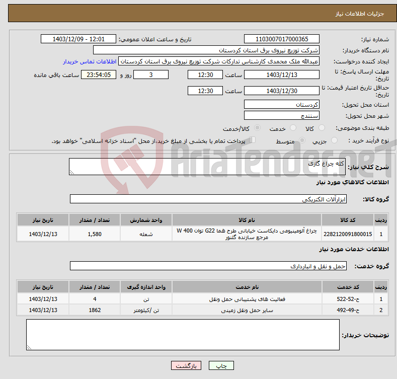 تصویر کوچک آگهی نیاز انتخاب تامین کننده-کله چراغ گازی