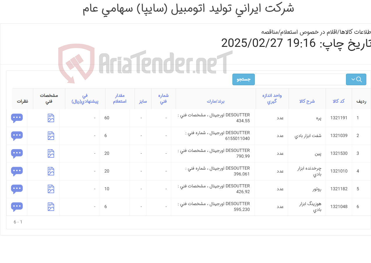 تصویر کوچک آگهی تامین شش ردیف چرخدنده ، شفت، هوزینگ و ...