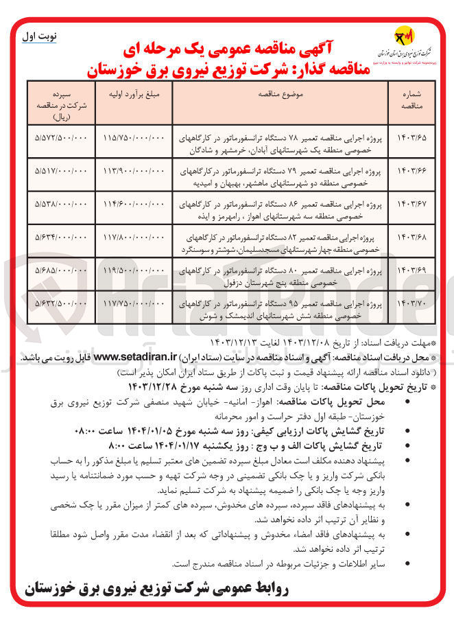 تصویر کوچک آگهی پروژه اجرایی مناقصه تعمیر ۷۸ دستگاه ترانسفورماتور در کارگاههای خصوصی منطقه یک