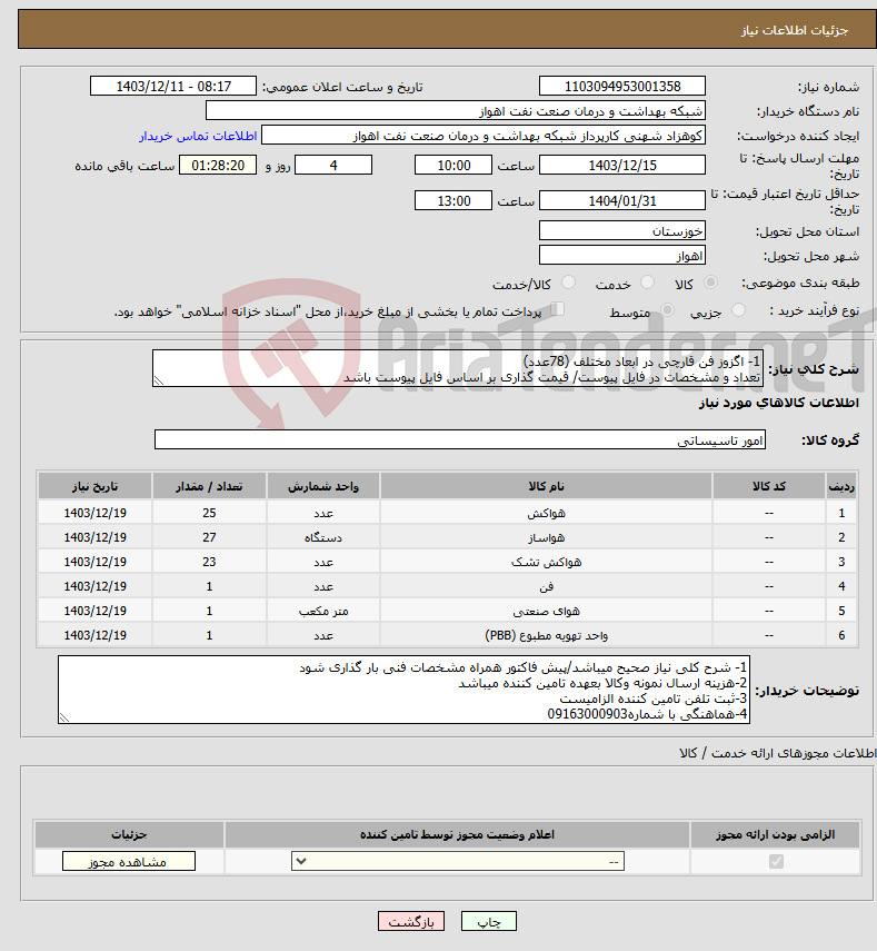 تصویر کوچک آگهی نیاز انتخاب تامین کننده-1- اگزوز فن قارچی در ابعاد مختلف (78عدد) تعداد و مشخصات در فایل پیوست/ قیمت گذاری بر اساس فایل پیوست باشد