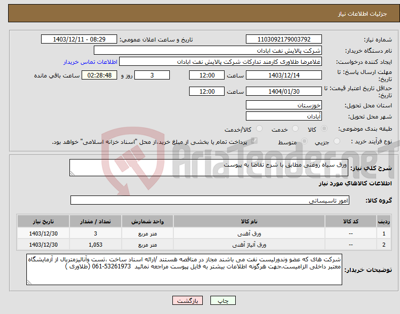 تصویر کوچک آگهی نیاز انتخاب تامین کننده-ورق سیاه روغنی مطابق با شرح تقاضا به پیوست 