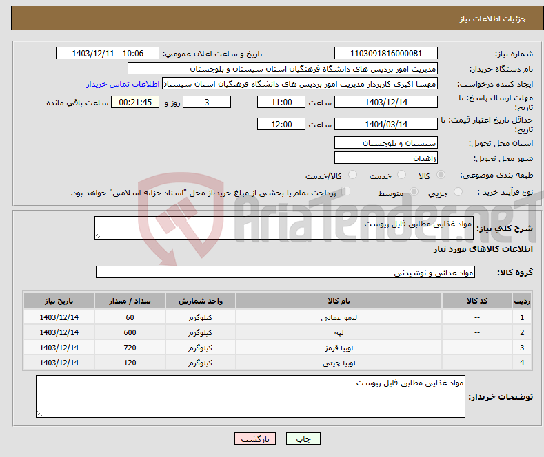 تصویر کوچک آگهی نیاز انتخاب تامین کننده-مواد غذایی مطابق فایل پیوست