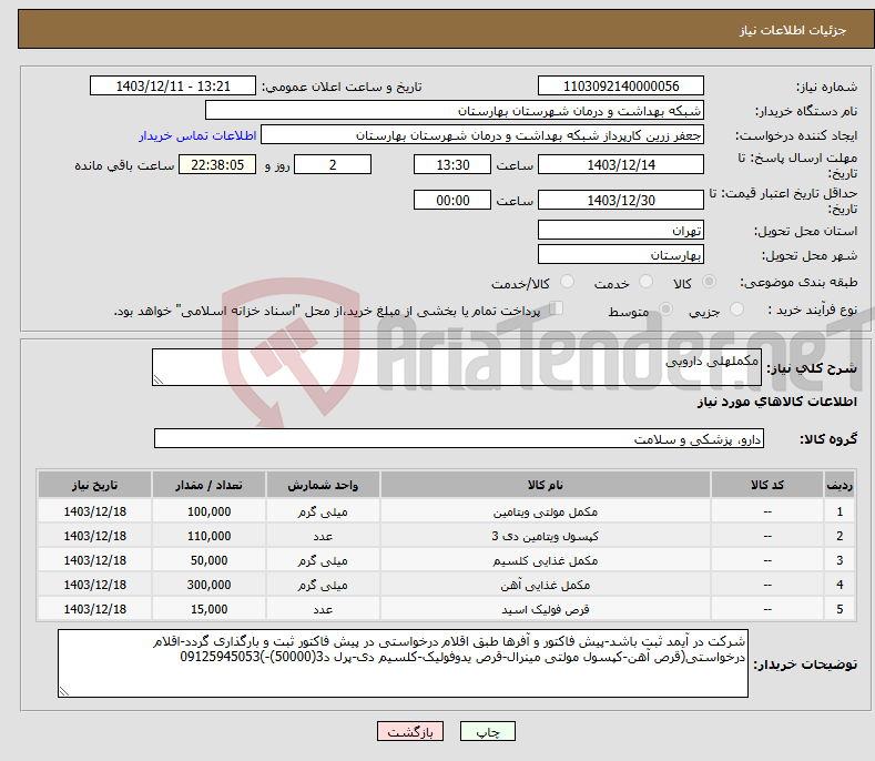 تصویر کوچک آگهی نیاز انتخاب تامین کننده-مکملهلی دارویی