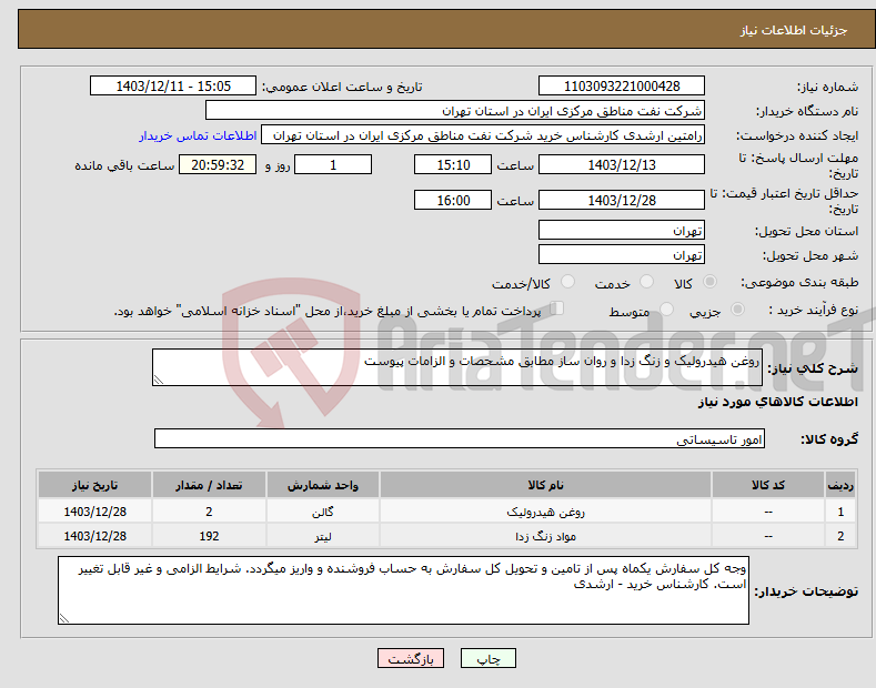 تصویر کوچک آگهی نیاز انتخاب تامین کننده-روغن هیدرولیک و زنگ زدا و روان ساز مطابق مشحصات و الزامات پیوست