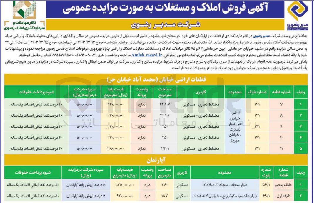 تصویر کوچک آگهی فروش  تعدادی از قطعات و آپارتمانهای خود در 7 ردیف با کاربری تجاری مسکونی
