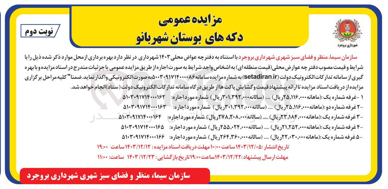 تصویر کوچک آگهی واگذاری غرفه شماره یک دکه های بوستان شهربانو