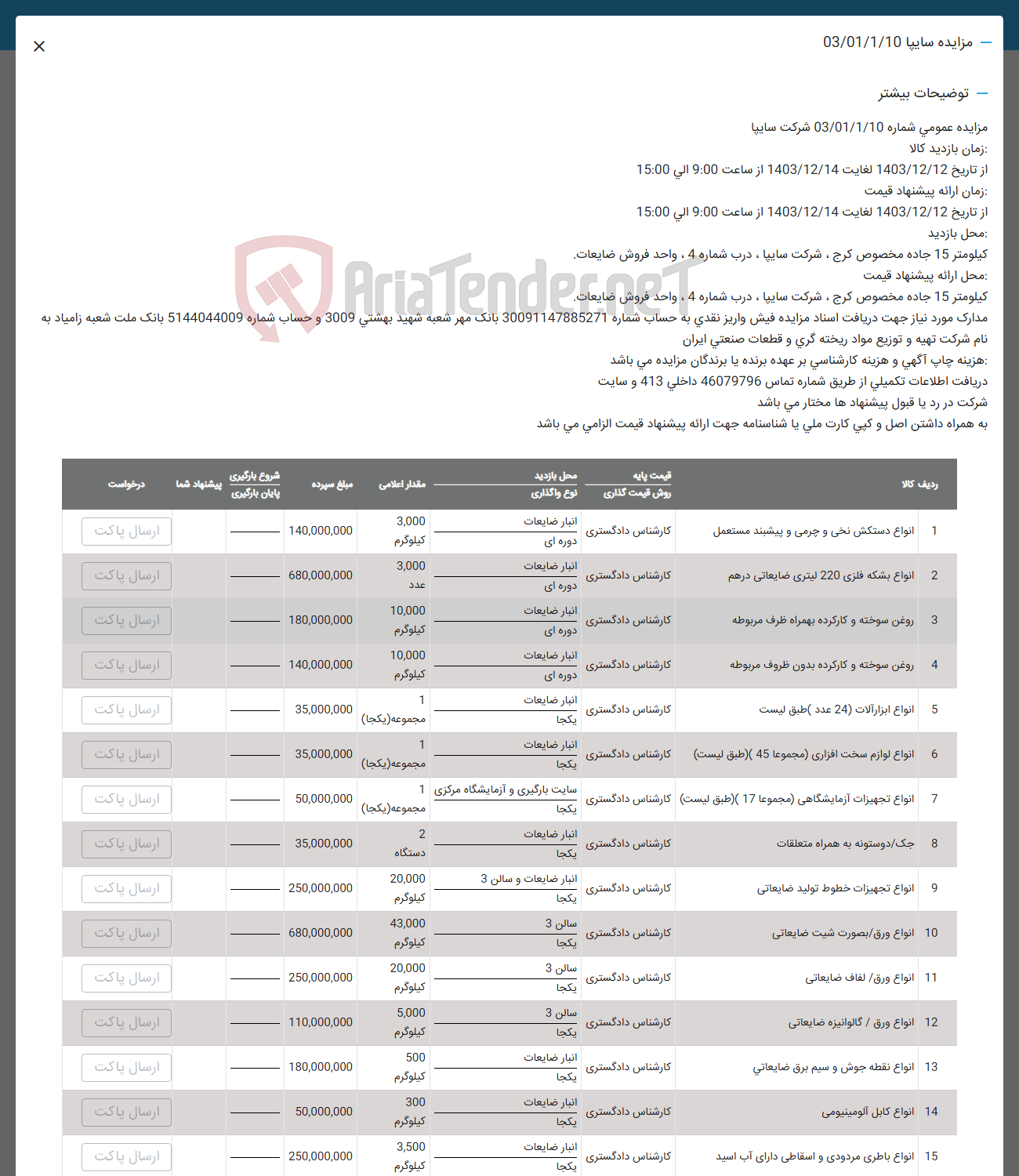 تصویر کوچک آگهی فروش انواع دستکش نخی و چرمی و پیشبند مستعمل  و انواع بشکه فلزی 220 لیتری صایعاتی درهم  و روغن سوخته و کارکرده بهمراه ظرف مربوطه و روغن سوخته و کارکرده بدون ظروف مربوطه و انواع ابزار آلات ( 24 عدد ) و انواع لوازم سخت افزاری مجموعا 45 و  انواع تجهیزات آزمایشگاهی مجموعا ( 17 ) و جک دوستونه به همراه متعلقات و انواع تجهیزات خطوط تولید ضایعاتی و  انواع ورق / بصورت شیب ضایعاتی و انواع ورق / لفاف ضایعاتی و  انواع ورق / گالوانیزه ضایعاتی و انواع نقطه جوش و سیم برق ضایعاتی و انواع کابل آلومینیومی و  انواع باطری مردودی و اسقاطی دارای آب اسید 