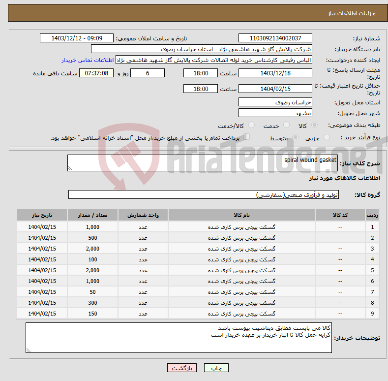تصویر کوچک آگهی نیاز انتخاب تامین کننده-spiral wound gasket