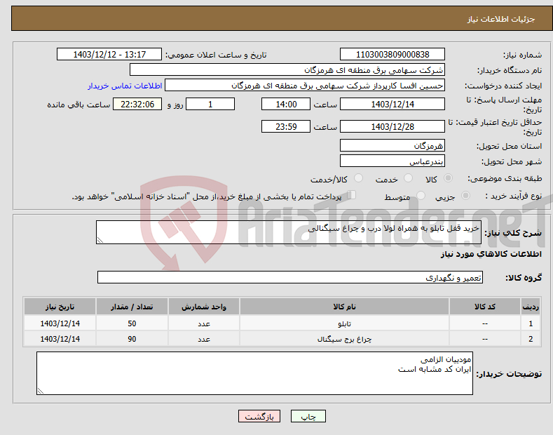 تصویر کوچک آگهی نیاز انتخاب تامین کننده-خرید قفل تابلو به همراه لولا درب و چراغ سیگنالی