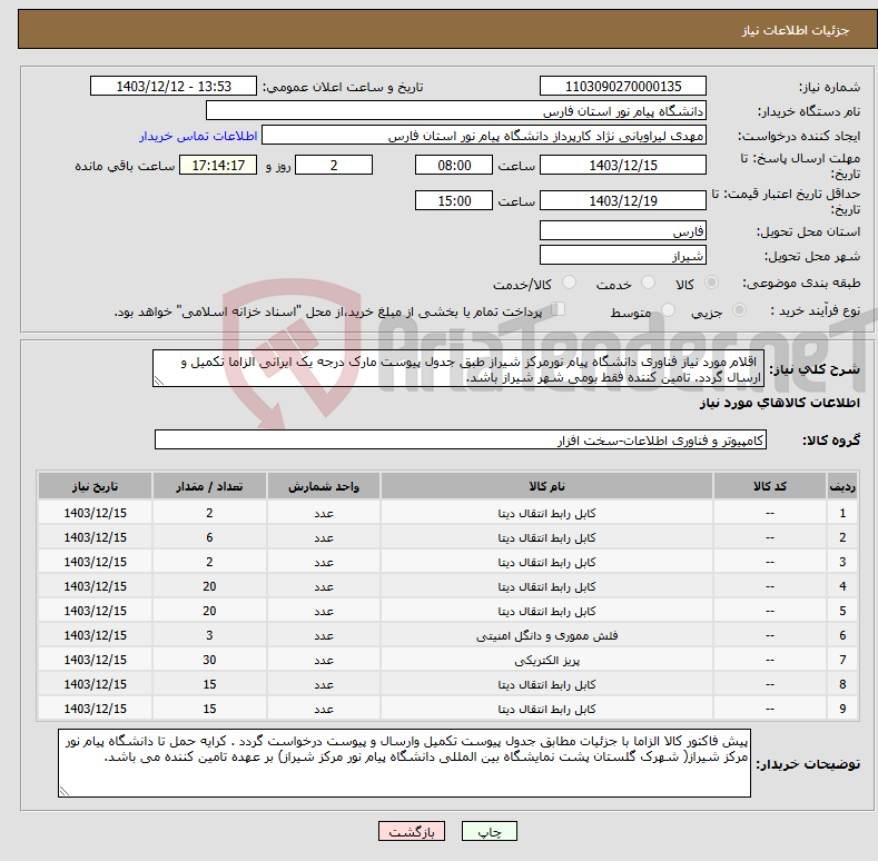 تصویر کوچک آگهی نیاز انتخاب تامین کننده- اقلام مورد نیاز فناوری دانشگاه پیام نورمرکز شیراز طبق جدول پیوست مارک درجه یک ایرانی الزاما تکمیل و ارسال گردد. تامین کننده فقط بومی شهر شیراز باشد.
