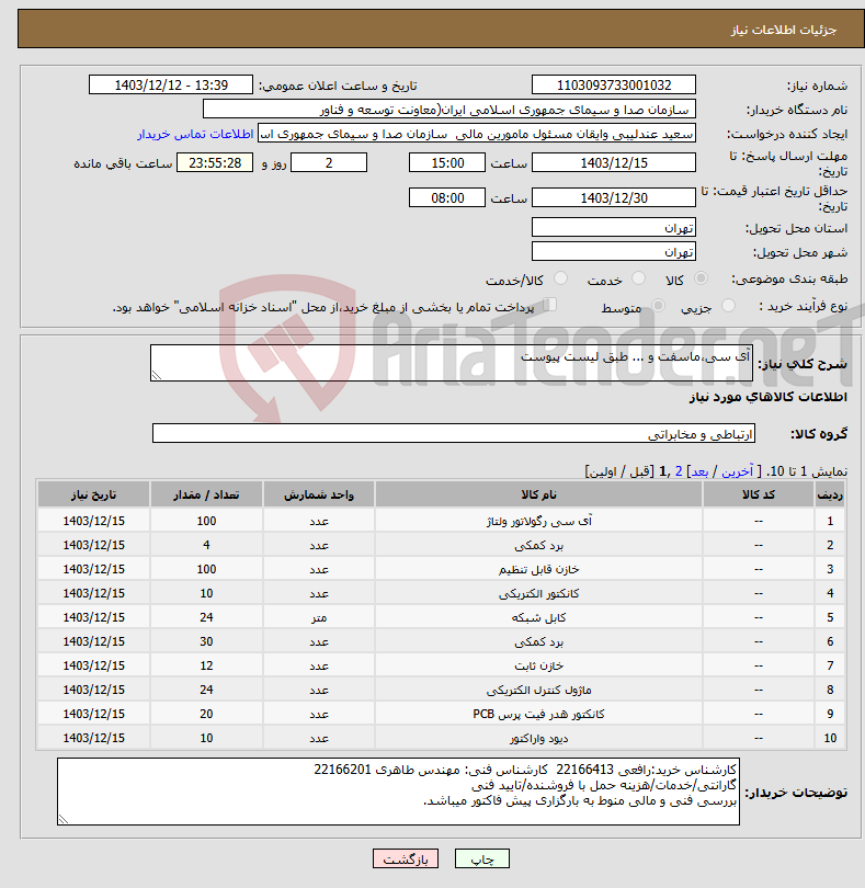 تصویر کوچک آگهی نیاز انتخاب تامین کننده-آی سی،ماسفت و ... طبق لیست پیوست