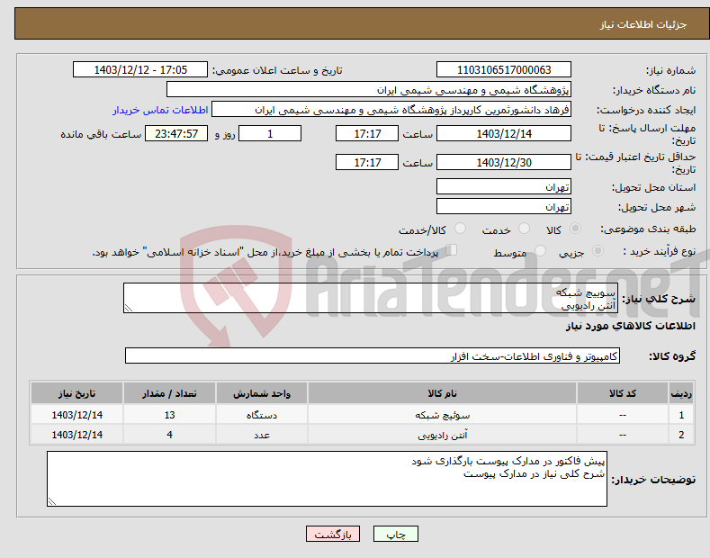 تصویر کوچک آگهی نیاز انتخاب تامین کننده-سوییچ شبکه آنتن رادیویی