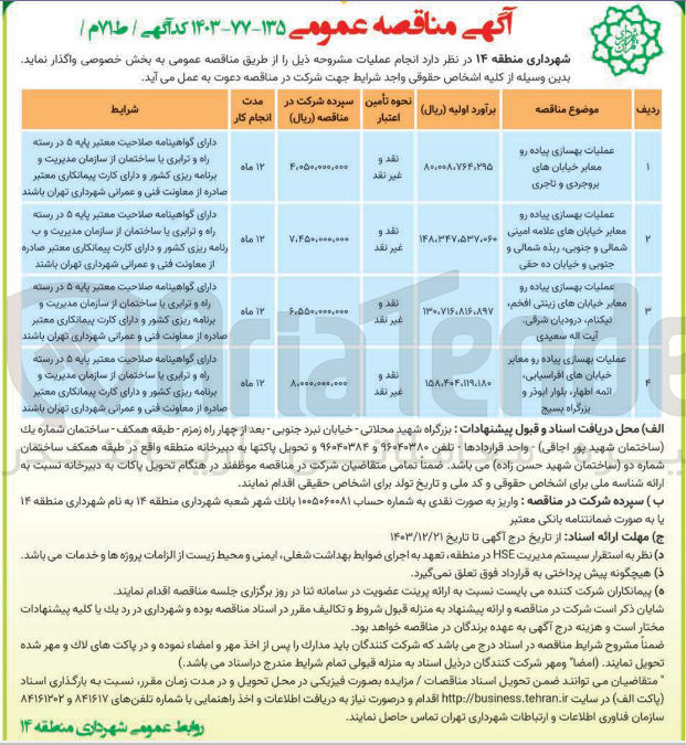 تصویر کوچک آگهی عملیات بهسازی پیاده رو معابر 