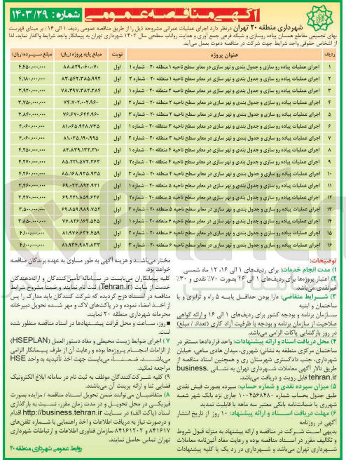 تصویر کوچک آگهی اجرای عملیات پیاده رو سازی و جدول بندی و شهر سازی در معابر سطح ناحیه ۲ - شماره ۱