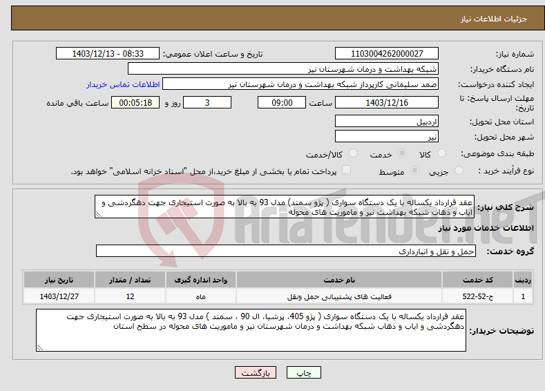 تصویر کوچک آگهی نیاز انتخاب تامین کننده-عقد قرارداد یکساله با یک دستگاه سواری ( پژو سمند) مدل 93 به بالا به صورت استیجاری جهت دهگردشی و ایاب و ذهاب شبکه بهداشت نیر و ماموریت های محوله 