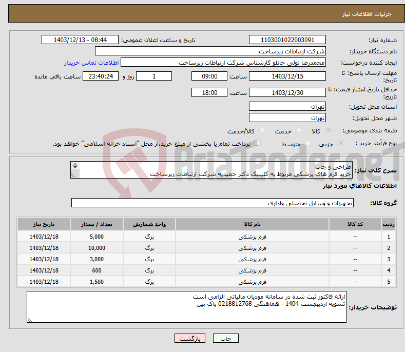 تصویر کوچک آگهی نیاز انتخاب تامین کننده-طراحی و چاپ خرید فرم های پزشکی مربوط به کلینیک دکتر حمیدیه شرکت ارتباطات زیرساخت دقیقا مطابق با شرح خدمات پیوست