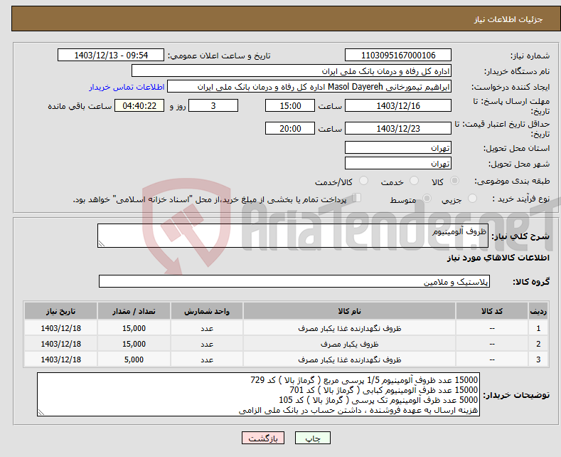 تصویر کوچک آگهی نیاز انتخاب تامین کننده-ظروف آلومینیوم 