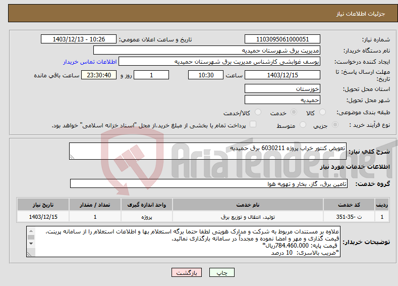 تصویر کوچک آگهی نیاز انتخاب تامین کننده-تعویض کنتور خراب پروژه 6030211 برق حمیدیه