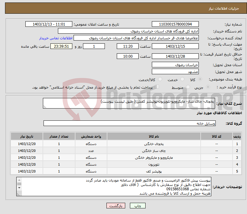 تصویر کوچک آگهی نیاز انتخاب تامین کننده-یخچال- چای ساز- مایکروویو-تلویزیون-پولیشر کفش ( طبق لیست پیوست)