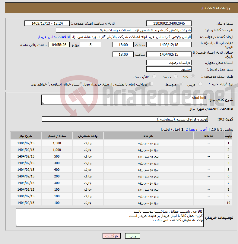 تصویر کوچک آگهی نیاز انتخاب تامین کننده-stud bolt