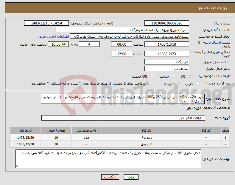 تصویر کوچک آگهی نیاز انتخاب تامین کننده-خرید 20 دستگاه تابلو بارانی 250 و400کامپوزیتطبق فرم استعلام ونقشه پیوست .برابر الزامات واستاندارد توانیر -شرق استان
