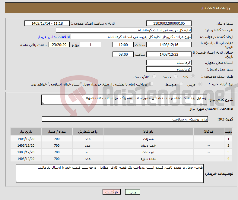 تصویر کوچک آگهی نیاز انتخاب تامین کننده-وسایل بهداشت دهان و دندان شامل خمیردندان - مسواک- نخ دندان -دهان شویه 