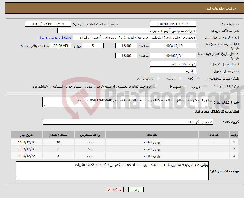 تصویر کوچک آگهی نیاز انتخاب تامین کننده-پولی 3 و 5 ردیفه مطابق با نقشه های پیوست- اطلاعات تکمیلی 05832605940 علیزاده