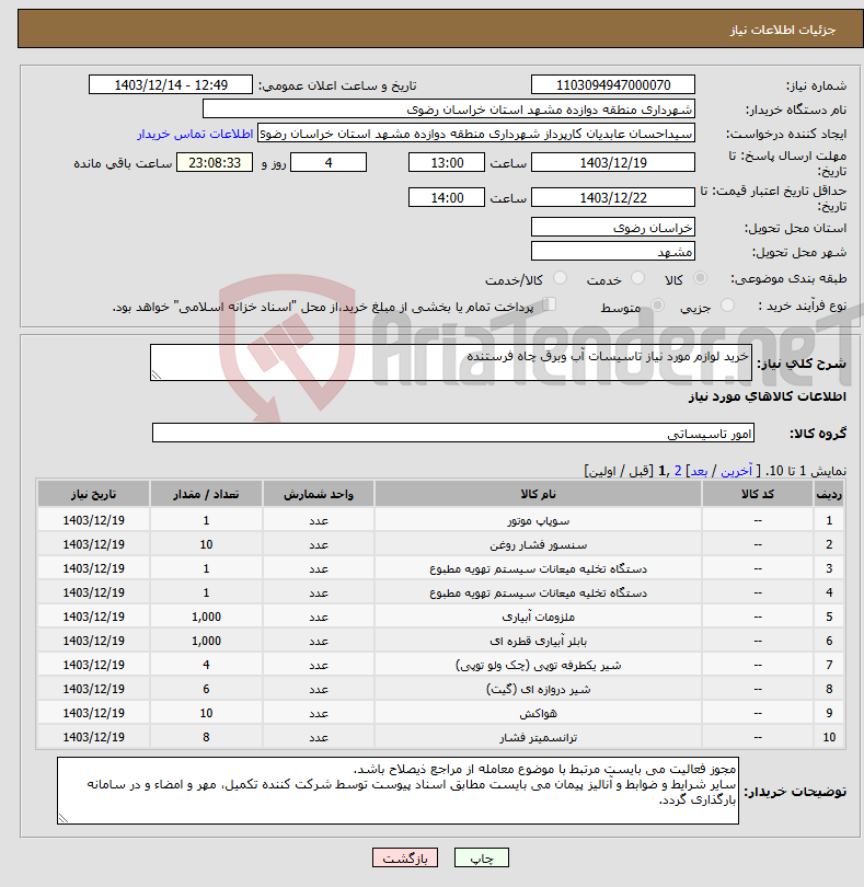 تصویر کوچک آگهی نیاز انتخاب تامین کننده-خرید لوازم مورد نیاز تاسیسات آب وبرق چاه فرستنده