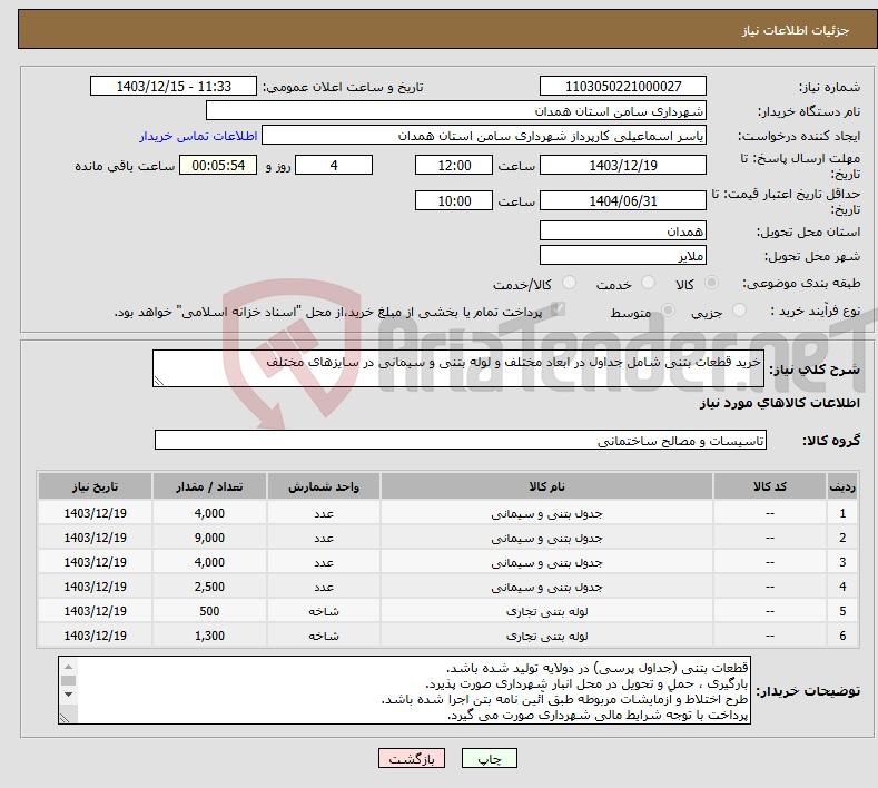 تصویر کوچک آگهی نیاز انتخاب تامین کننده-خرید قطعات بتنی شامل جداول در ابعاد مختلف و لوله بتنی و سیمانی در سایزهای مختلف