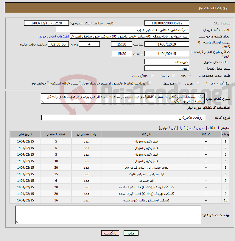تصویر کوچک آگهی نیاز انتخاب تامین کننده-ارائه پیشنهاد فنی کامل به همراه کاتالوگ و دیتا شیت در سامانه ستاد الزامی بوده و در صورت عدم ارائه کل پیشنهاد مردود میگردد. 