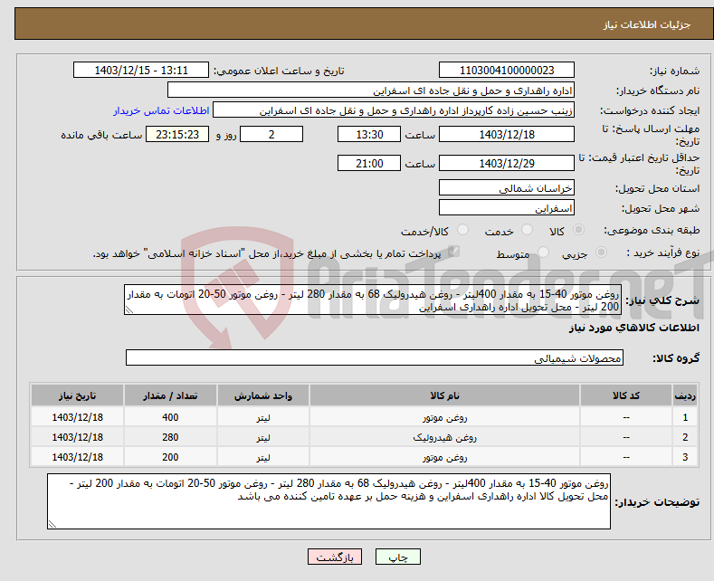 تصویر کوچک آگهی نیاز انتخاب تامین کننده-روغن موتور 40-15 به مقدار 400لیتر - روغن هیدرولیک 68 به مقدار 280 لیتر - روغن موتور 50-20 اتومات به مقدار 200 لیتر - محل تحویل اداره راهداری اسفراین