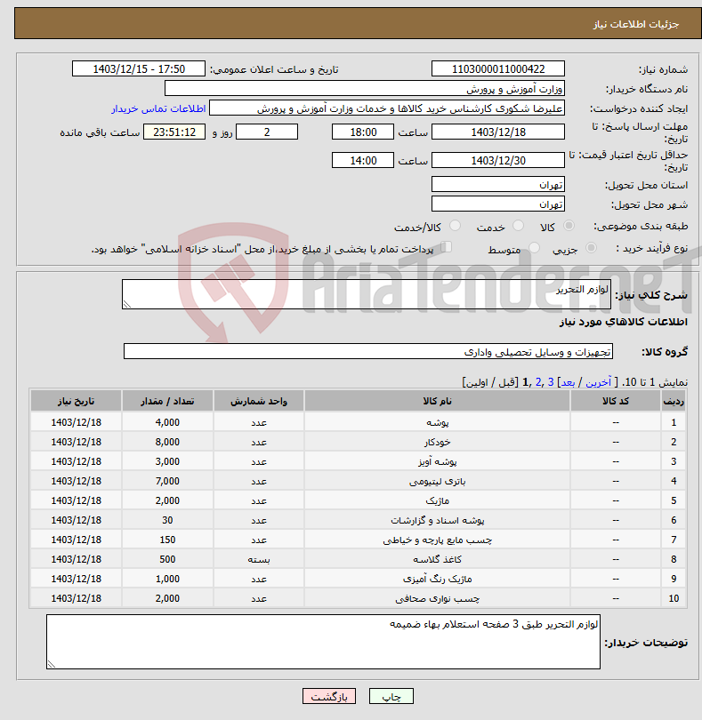 تصویر کوچک آگهی نیاز انتخاب تامین کننده-لوازم التحریر 