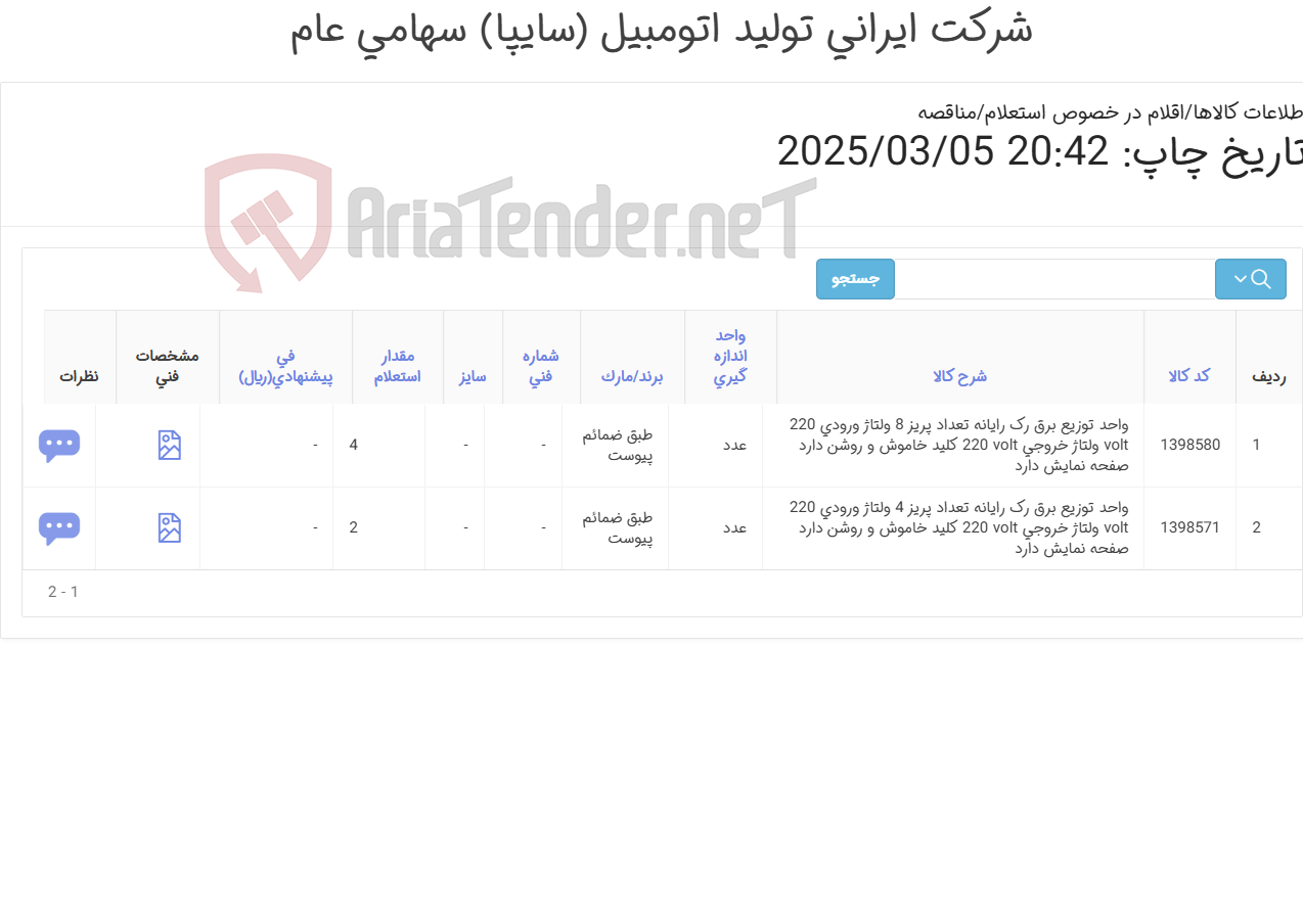 تصویر کوچک آگهی 2آیتم واحد توزیع برق رک رایانه(طبق ضمائم پیوست
