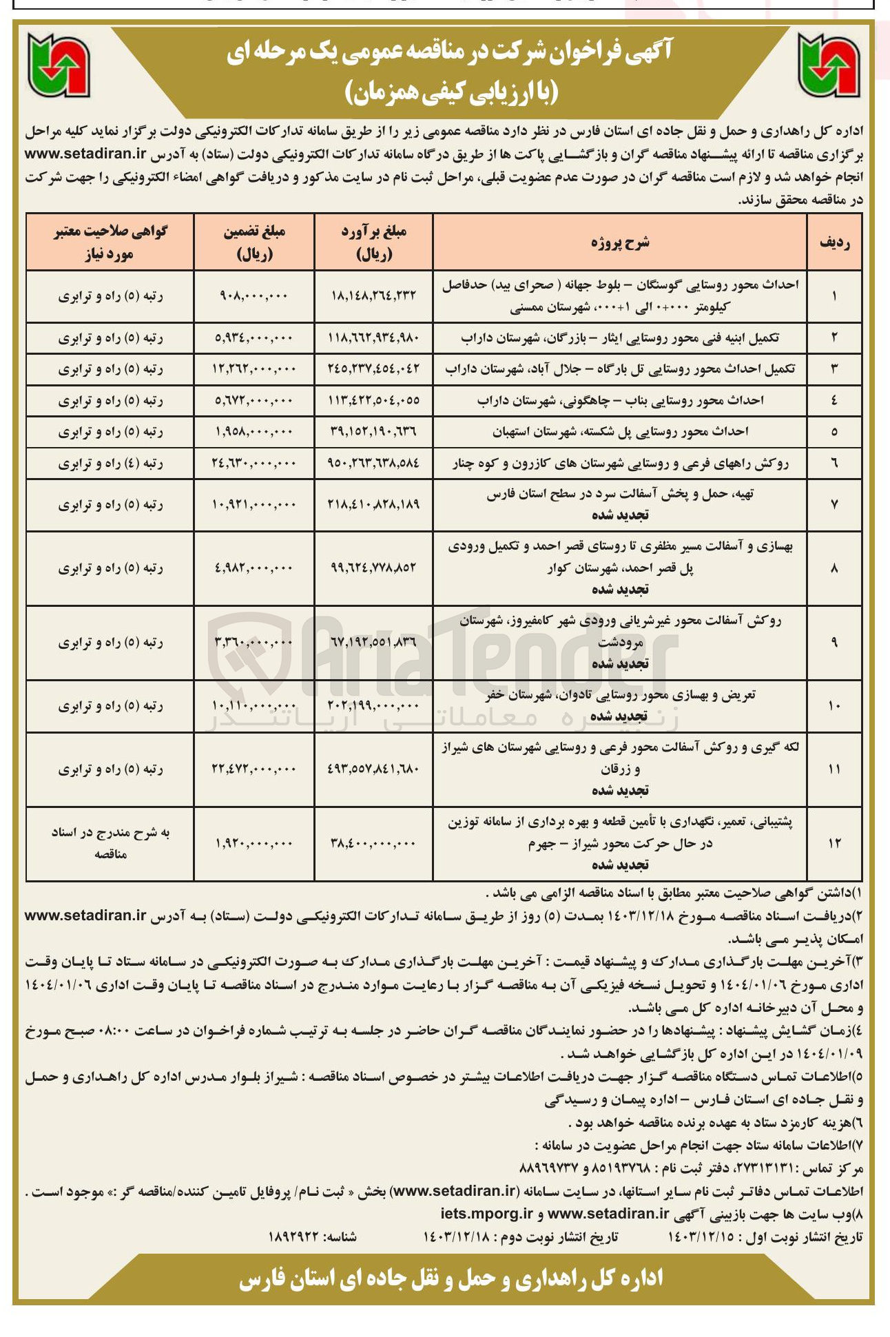 تصویر کوچک آگهی تکمیل ابنیه فنی محور روستایی ایثار - بازرگان