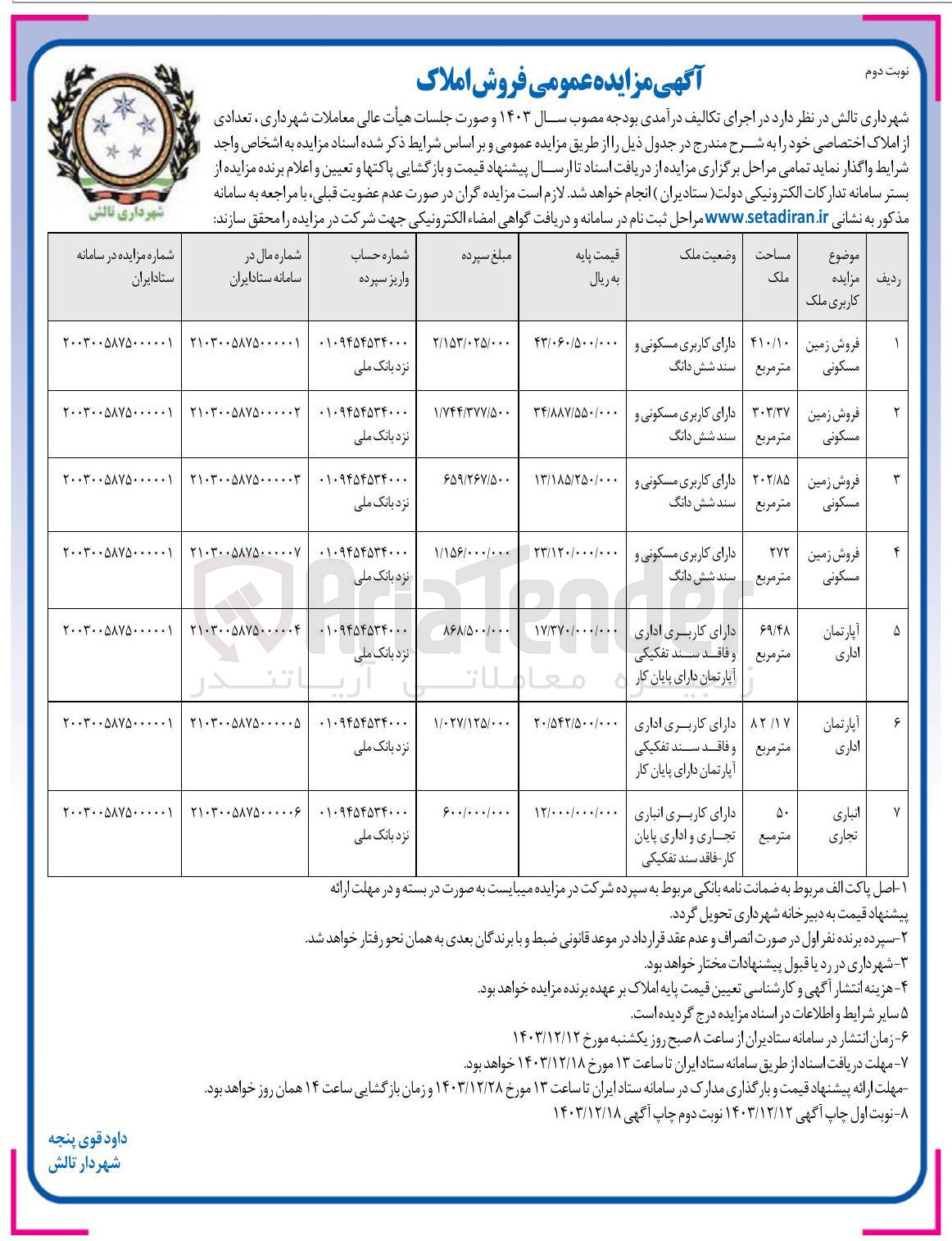 تصویر کوچک آگهی فروش تعدادی از املاک اختصاصی در 7 ردیف با کاربری مسکونی، اداری، انباری