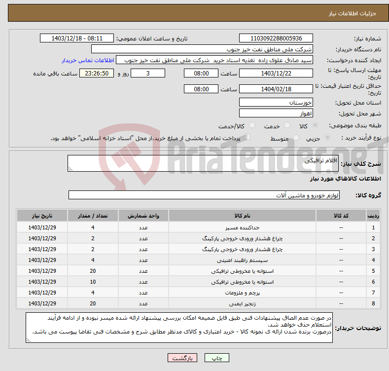 تصویر کوچک آگهی نیاز انتخاب تامین کننده-اقلام ترافیکی