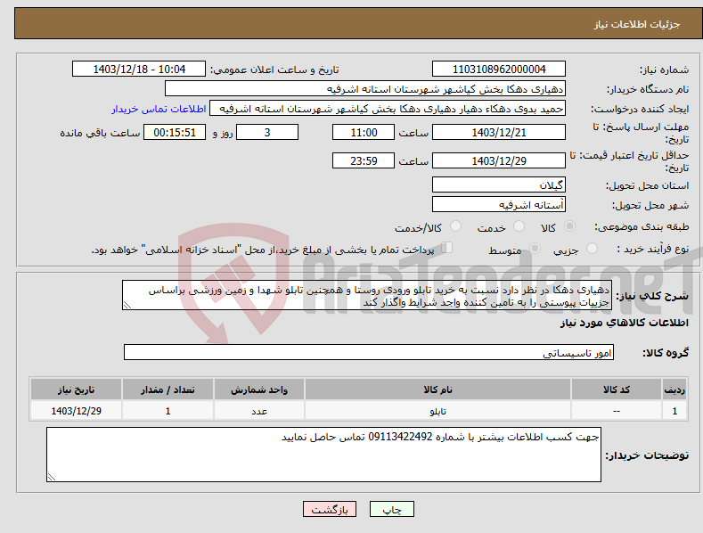 تصویر کوچک آگهی نیاز انتخاب تامین کننده-دهیاری دهکا در نظر دارد نسبت به خرید تابلو ورودی روستا و همچنین تابلو شهدا و زمین ورزشی براساس جزییات پیوستی را به تامین کننده واجد شرایط واگذار کند