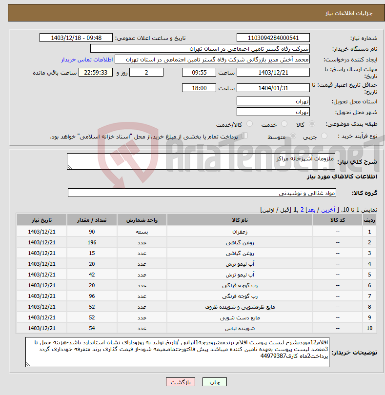 تصویر کوچک آگهی نیاز انتخاب تامین کننده-ملزومات آشپزخانه مراکز