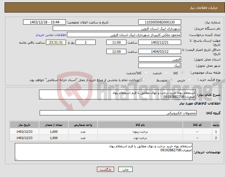 تصویر کوچک آگهی نیاز انتخاب تامین کننده-استعلام بهاء خرید درخت و نهال مطابق با فرم استعلام بهاء اصغران:09192882708