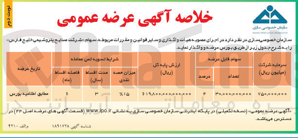 تصویر کوچک آگهی فروش تعداد 30/000/000/000 سهم معادل 4 درصد سهام شرکت صنایع پتروشیمی خلیج فارس