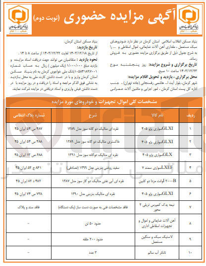 تصویر کوچک آگهی فروش خودروهای سبک مستعمل ( GLXI سواری پژو 405 و LXEF سواری سمند 7 و نیمه یدک کمپرسی تریلی 2 محور و  I2000B وانت مزدا دو کابین) - مقداری آهن آلات ضایعاتی ، اموال اسقاطی و ...