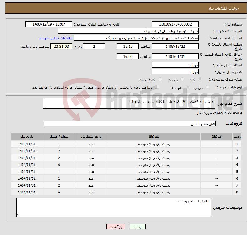 تصویر کوچک آگهی نیاز انتخاب تامین کننده-خرید تابلو کمپکت 20 کیلو ولت با کلید سرو شیراز و tst