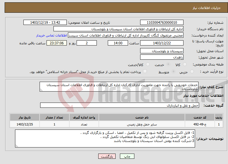 تصویر کوچک آگهی نیاز انتخاب تامین کننده-خدمات خودرویی با راننده جهت ماموریت اداری کارکنان اداره کل ارتباطات و فناوری اطلاعات استان سیستان وبلوچستان