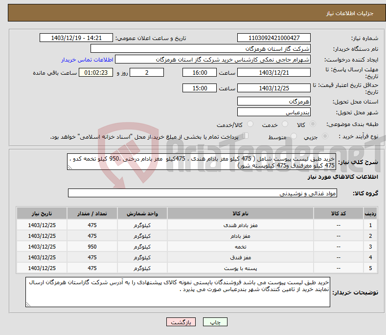 تصویر کوچک آگهی نیاز انتخاب تامین کننده-خرید طبق لیست پیوست شامل ( 475 کیلو مغز بادام هندی ، 475کیلو مغز بادام درختی ،950 کیلو تخمه کدو ، 475 کیلو مغزفندق و475 کیلوپسته شور) 